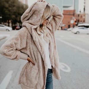 Women Plush hooded faux fur women fuzzy jacket coat winter